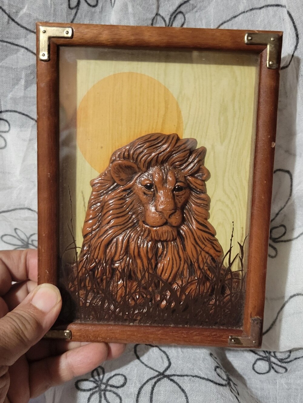 1978 Wallace Berrie Wood Art Shadow Box 3D Lion
